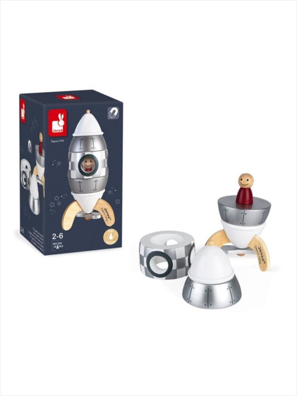 Janod Wooden Silver Magnetic Rocket Kit New in Box For Age 2+